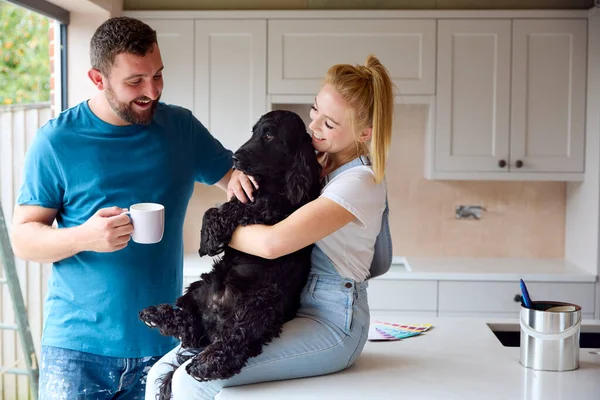 Paar Koffie Break Van Renoverende Keuken Thuis Spelen Met Huisdier — Stockfoto