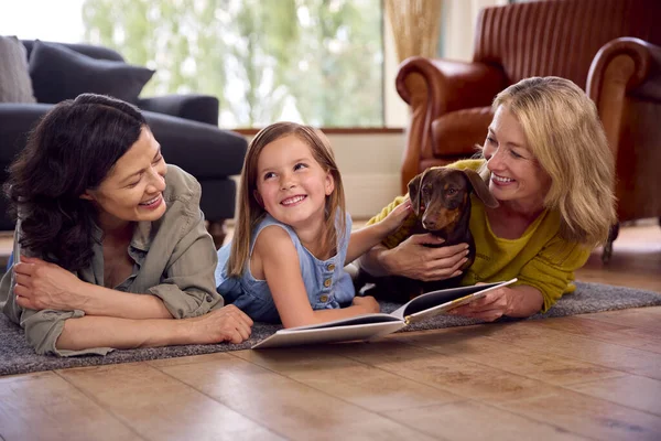 Evde Oturup Kitap Okuyan Iki Yetişkin Anne Kızı Olan Aynı — Stok fotoğraf