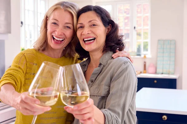 Evde Bir Kadeh Şarapla Kutlama Yapan Aynı Cinsiyetten Bir Kadının — Stok fotoğraf