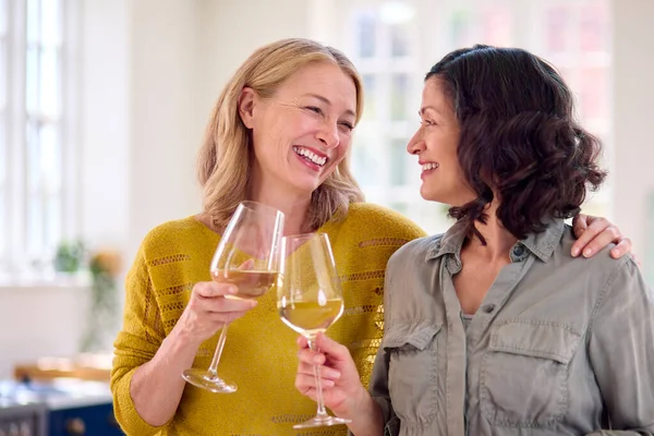 Aynı Cinsiyetten Kadın Çift Evde Bir Bardak Şarapla Kutlama Yapıyor — Stok fotoğraf