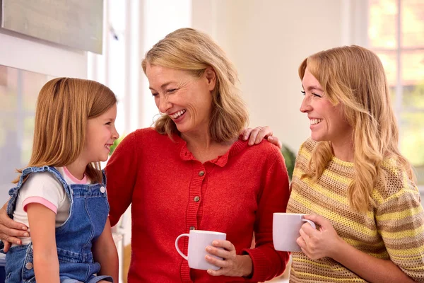 Mutfakta Oturan Iki Yetişkin Anne Kızıyla Aynı Cinsiyetten Aile — Stok fotoğraf