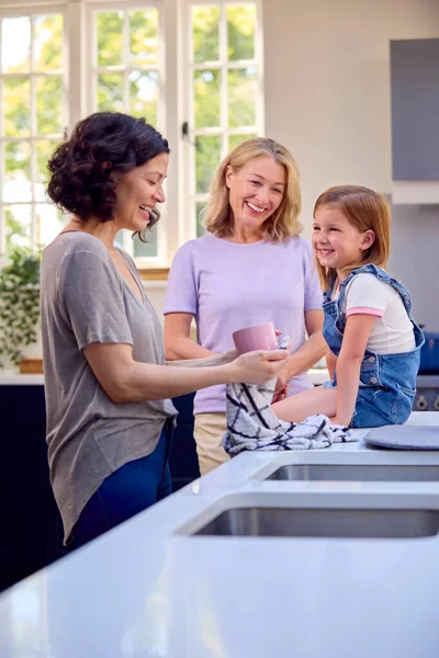 Same Sex Family Two Mature Mums Daughter Doing Washing Kitchen — Stock Photo, Image