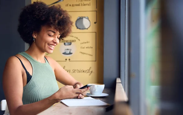 Female Customer In Coffee Shop Window Working Online Using Mobile Phone