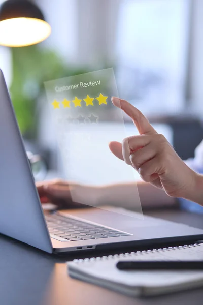 Woman Using Laptop Graphic Overlay Leave Positive Star Online Review — Stock Photo, Image