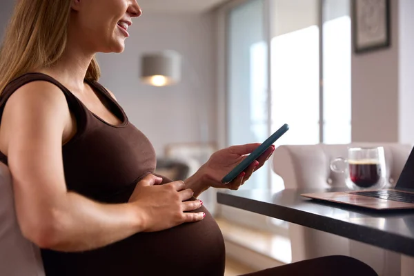 Schwangere Arbeitet Von Hause Aus Laptop Und Schaut Auf Das — Stockfoto