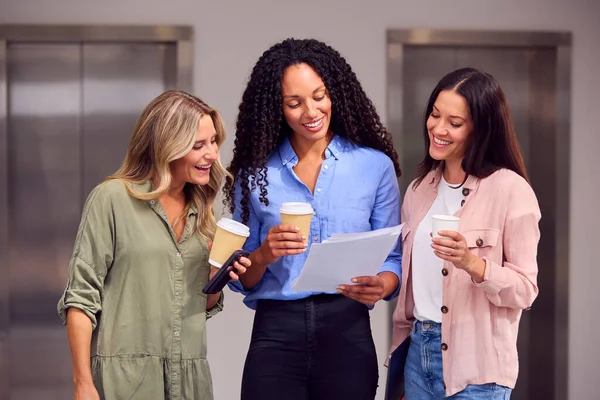 Multi Cultural Female Business Team Takeaway Drinks Having Informal Meeting — Stock Photo, Image