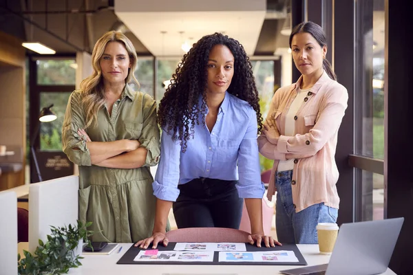 Retrato Del Equipo Empresarial Femenino Oficina Abierta Que Aprueba Comprobación —  Fotos de Stock