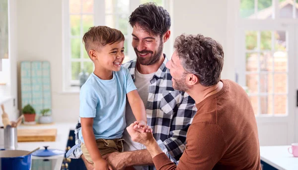 Gleiches Geschlecht Familie Mit Two Papas Cooking Küche Mit Sohn — Stockfoto