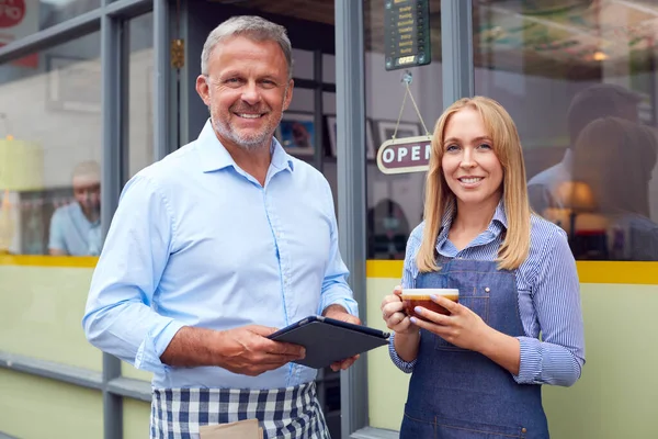 Portrait Male Female Owners Staff Standing Coffee Shop Digital Tablet — Stock Photo, Image