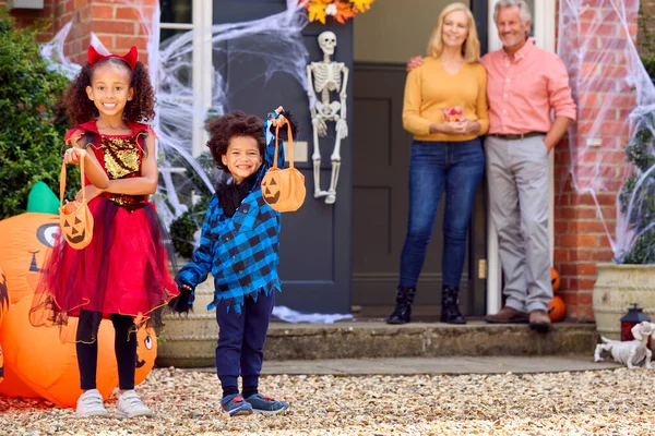 Portrét Vnoučat Oblékání Návštěvě Domu Prarodiče Trik Nebo Léčení Halloween — Stock fotografie