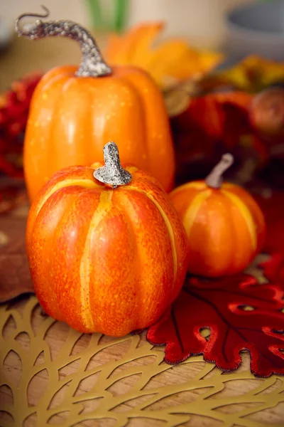 秋や秋のテーブルの装飾カボチャと葉の家で — ストック写真