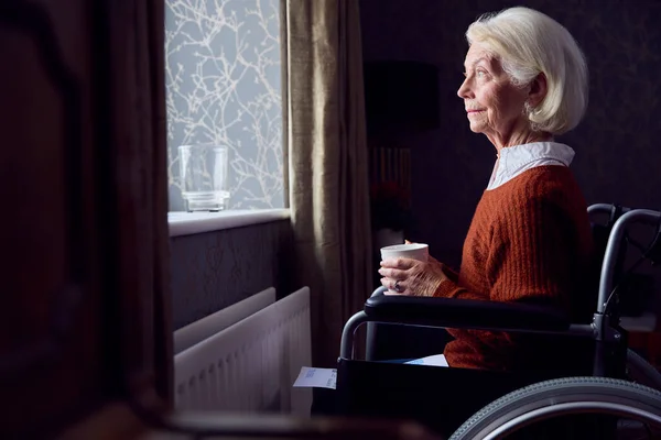 坐轮椅的老年妇女与能源法案由散热器以生命为代价能源危机 — 图库照片