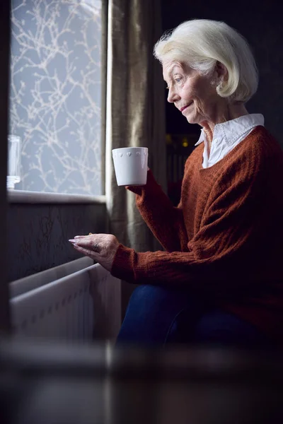 熱い飲み物を持つシニア女性は 生活エネルギー危機の費用で自宅でラジエーターで暖かくしようとしています — ストック写真