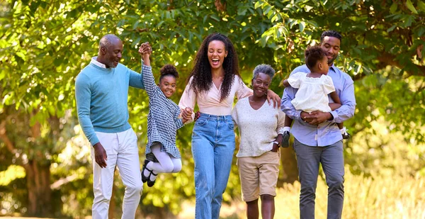 Familia Multi Generación Disfrutando Caminar Campo Juntos Nieta Oscilante —  Fotos de Stock