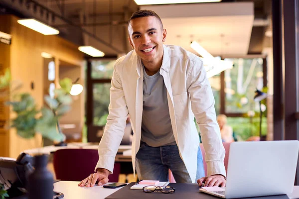 Portrait Young Businessman Working Standing Desk Office — Stock Photo, Image