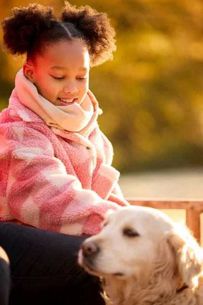 Sonbahar Kırsalında Benç Oturan Evcil Köpeği Okşan Kız — Stok fotoğraf
