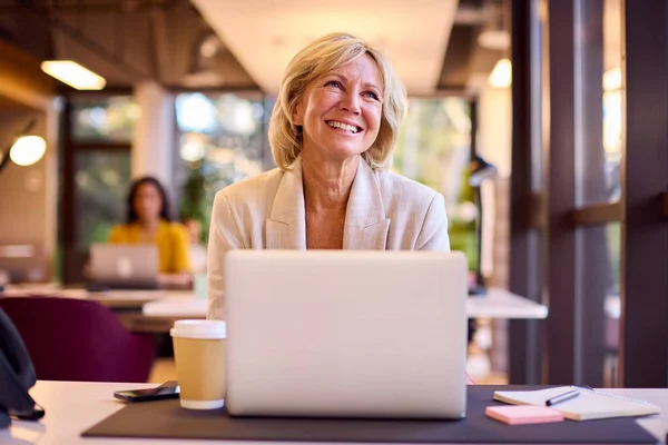 Gammal Affärskvinna Arbetar Laptop Vid Skrivbordet Office Med Takeaway Dricka — Stockfoto