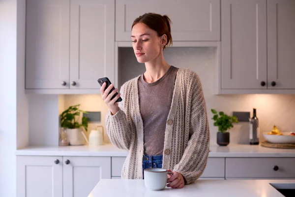Mutfakta Dinlenen Genç Kadın Cep Telefonu Kullanarak Sıcak Çecek Tutuyor — Stok fotoğraf
