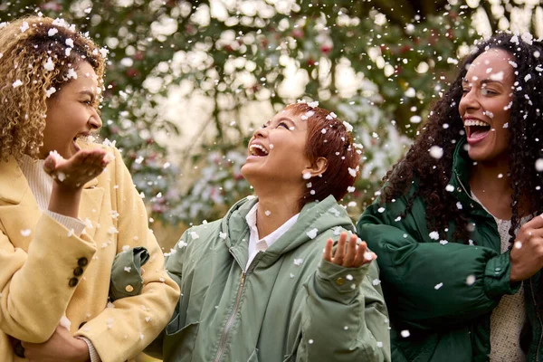 Three Female Friends Wearing Coats Standing Snowy Winter Countryside Catching — Stock Photo, Image