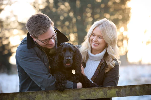Loving Paar Met Huisdier Spaniel Hond Leunen Hek Snowy Lopen — Stockfoto