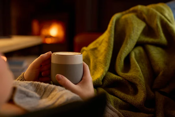 Close Woman Home Lounge Lying Sofa Cosy Fire Hot Drink — Stock Photo, Image