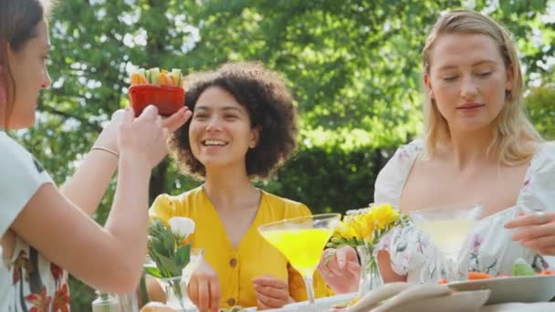 三个女性朋友坐在户外的夏园里 一边吃着健康的饭菜 一边喝着鸡尾酒 动作缓慢 — 图库视频影像