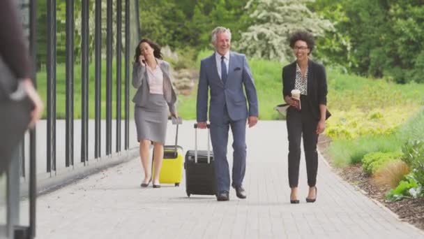 Bagajlı Bir Grup Delegesi Konferans Oteline Geliyor Kameraya Doğru Yürüyorlar — Stok video