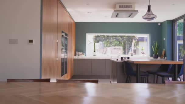 Camera Tracks Interieur Van Mooie Moderne Keuken Met Inbouwapparatuur Opslag — Stockvideo