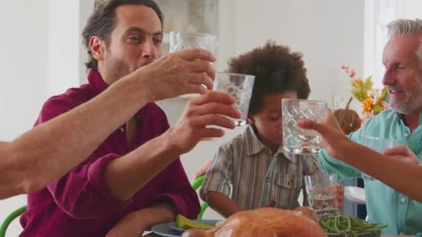 Mehrgenerationenfamilie Feiert Vor Dem Gemeinsamen Essen Einen Toast Mit Wasser — Stockvideo