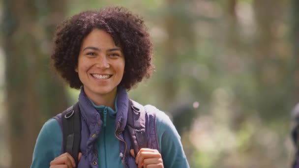 Portrait Femme Souriante Randonnée Vacances Dans Les Bois Prise Vue — Video