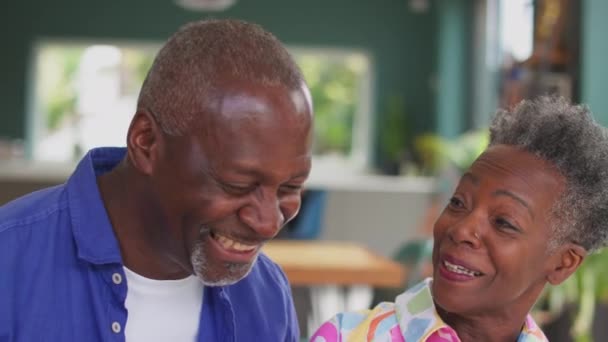 Lächelndes Seniorenpaar Das Daheim Auf Dem Sofa Sitzt Und Gemeinsam — Stockvideo