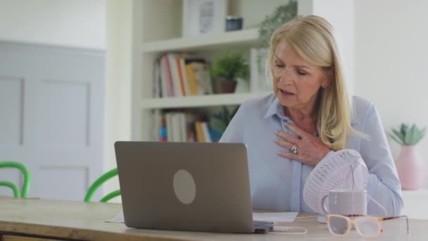Menopozlu Olgun Bir Kadın Bilgisayarında Bağlı Bir Fan Ile Çalışıyor — Stok video