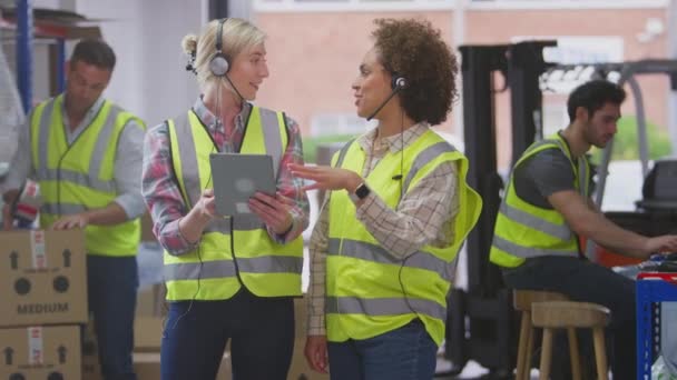 Twee Vrouwelijke Werknemers Dragen Allebei Een Headset Het Distributiecentrum Terwijl — Stockvideo