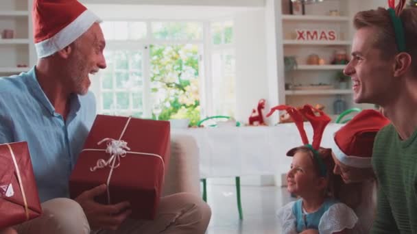 Wielopokoleniowa Rodzina Nosząca Czapki Mikołaja Poroże Reniferów Świętująca Boże Narodzenie — Wideo stockowe