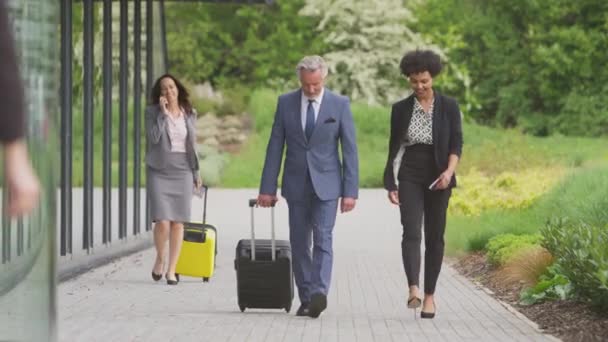 Gruppe Von Geschäftsteilnehmern Mit Gepäck Bei Der Ankunft Konferenzhotel Die — Stockvideo