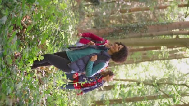 Pionowe Wideo Grupą Przyjaciółek Wakacjach Wędrujących Lesie Cieszących Się Życiem — Wideo stockowe