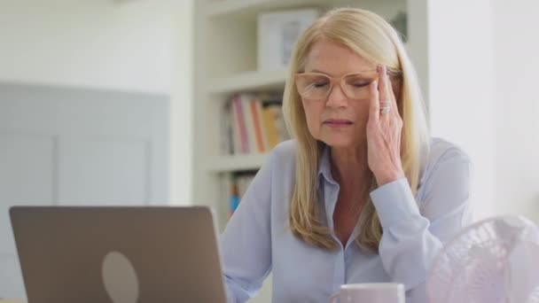 Donna Matura Menopausa Indossa Occhiali Che Lavorano Sul Computer Portatile — Video Stock