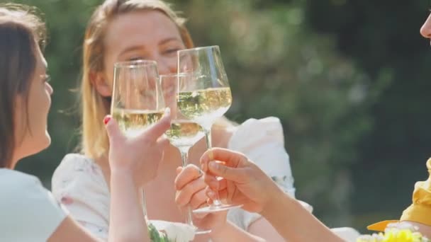 Tres Amigas Sentadas Jardín Verano Bebiendo Vino Celebrando Con Aplauso — Vídeos de Stock