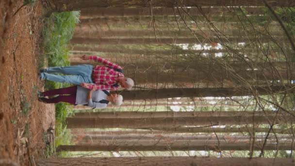 スローモーションで撮影 一緒に森の田舎をハイキングに手を握って笑顔活動的なシニアカップルの垂直ビデオ — ストック動画