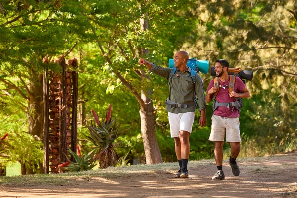 Turnede Sırt Çantalı Iki Erkek Arkadaş Kırsalda Birlikte Yürüyorlar — Stok fotoğraf