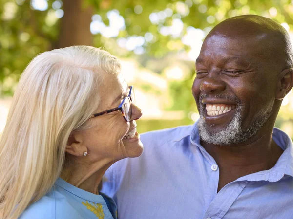 Portret Van Een Liefdevol Multi Raciaal Seniorenpaar Dat Buiten Het — Stockfoto