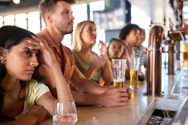 Disappointed Multi Cultural Group Friends Sports Bar Watching Team Lose — Stock Photo, Image