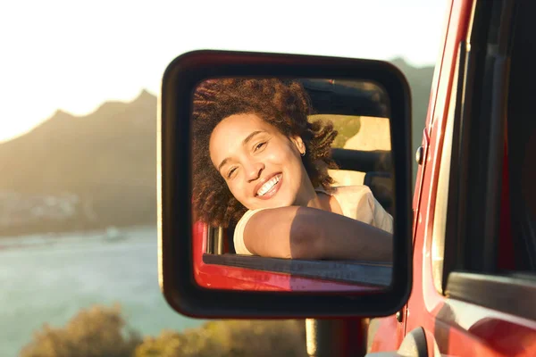 Portrait Laughing Woman Reflected Car Wing Mirror Having Fun Open — Stock Photo, Image