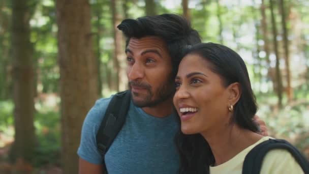Casal Usando Mochilas Caminhada Explorando Natureza Floresta Verão Juntos Filmados — Vídeo de Stock