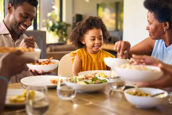 Multi Generation Family Sitting Table Serving Food Meal Home — Stock Photo, Image