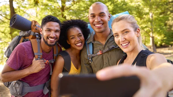 Groep Vrienden Met Rugzakken Poseren Voor Selfie Mobiele Telefoon Vakantie — Stockfoto