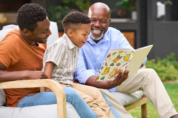 Sorrindo Multi Geração Masculino Família Livro Leitura Jardim Juntos — Fotografia de Stock