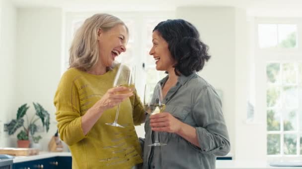 Loving Same Sex Mature Female Couple Celebrating Glass Wine Home — Stock Video
