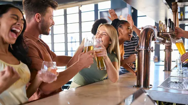 Multi Cultural Group Friends Sports Bar Celebrating Watch Game — Stock Photo, Image