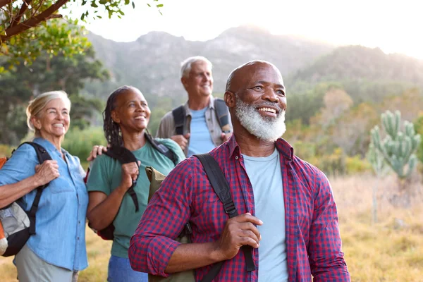 Group Of Senior Friends Enjoying Hiking Through Countryside Together